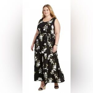 Ava & Viv NWT 2X Black Floral Maxi Dress with Ruffle and Tie Sash